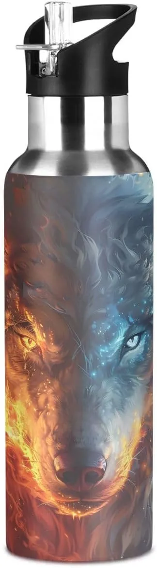 ALAZA Fire Eye Wolf Animal Water Bottle with Straw Lid Insulated Stainless Steel Travel Water Flask Leakproof Bottle for Women Men