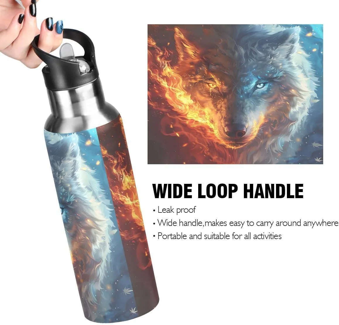 ALAZA Fire Eye Wolf Animal Water Bottle with Straw Lid Insulated Stainless Steel Travel Water Flask Leakproof Bottle for Women Men