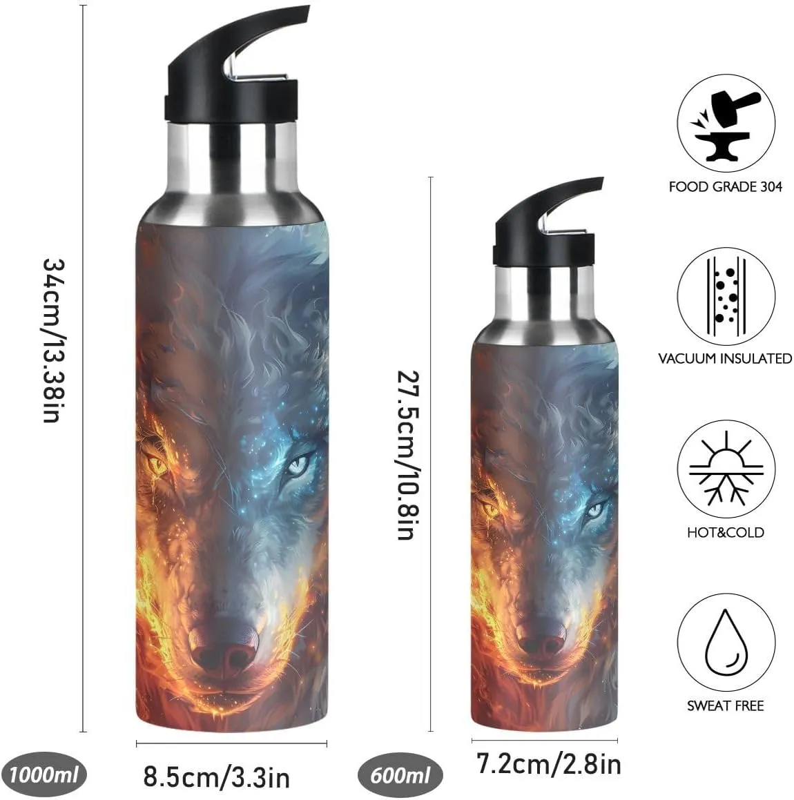 ALAZA Fire Eye Wolf Animal Water Bottle with Straw Lid Insulated Stainless Steel Travel Water Flask Leakproof Bottle for Women Men