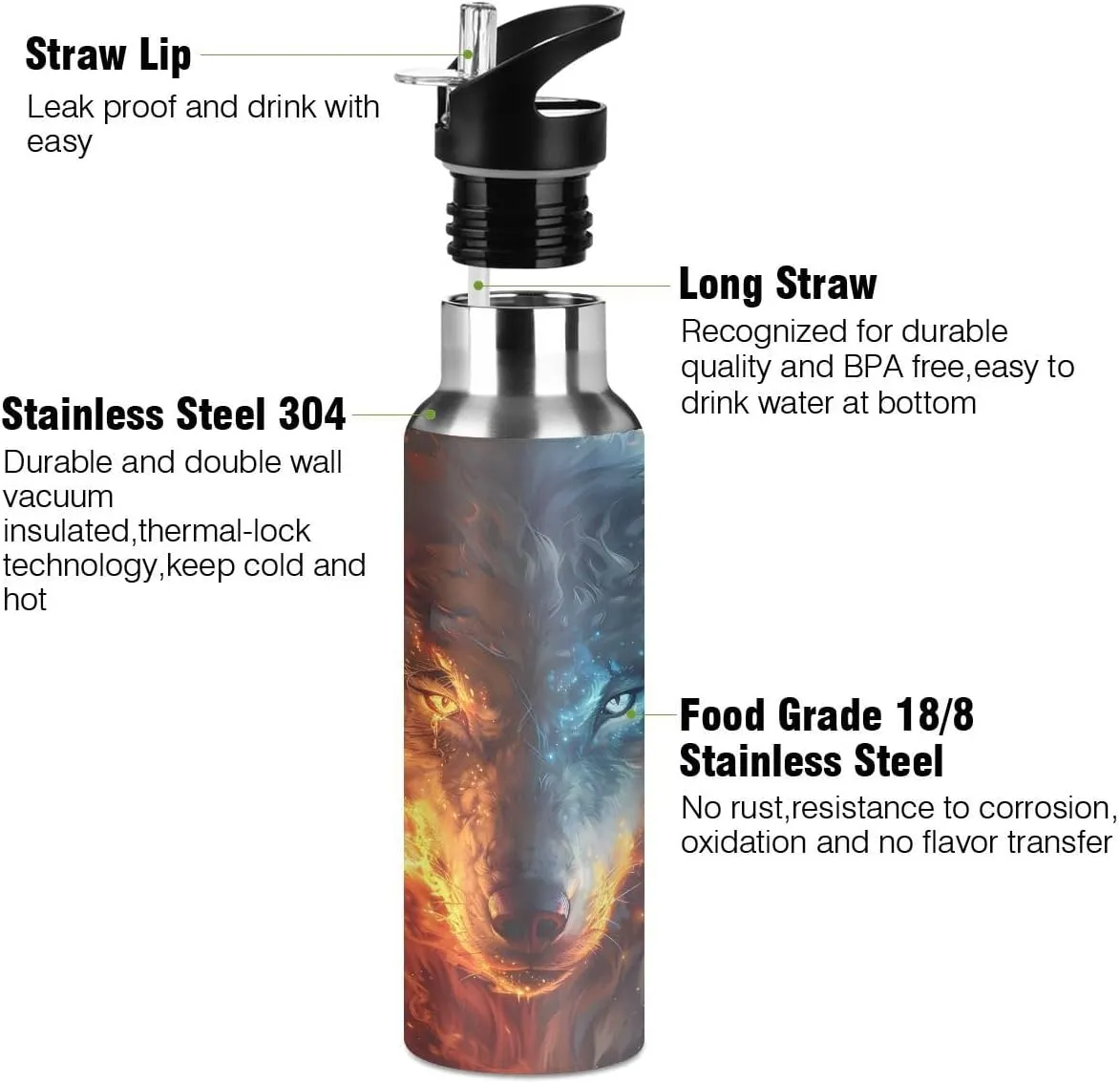 ALAZA Fire Eye Wolf Animal Water Bottle with Straw Lid Insulated Stainless Steel Travel Water Flask Leakproof Bottle for Women Men
