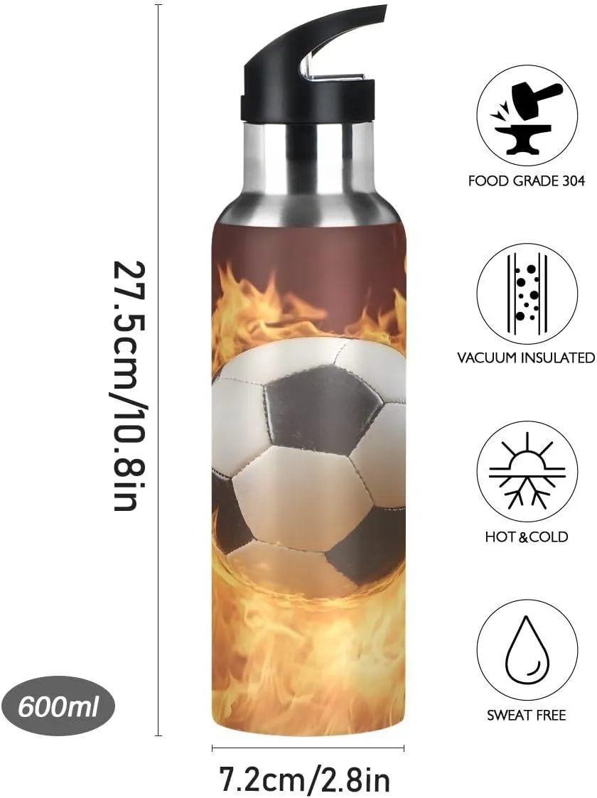 ALAZA Fire Soccer Stylish Football Water Bottle with Straw Lid Insulated Stainless Steel Travel Water Flask Leakproof Bottle Women Man