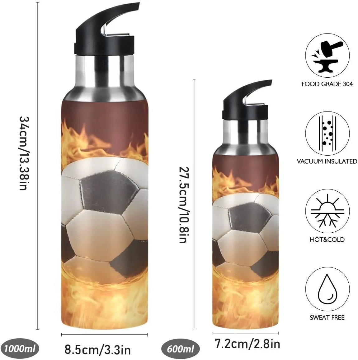 ALAZA Fire Soccer Stylish Football Water Bottle with Straw Lid Insulated Stainless Steel Travel Water Flask Leakproof Bottle Women Man