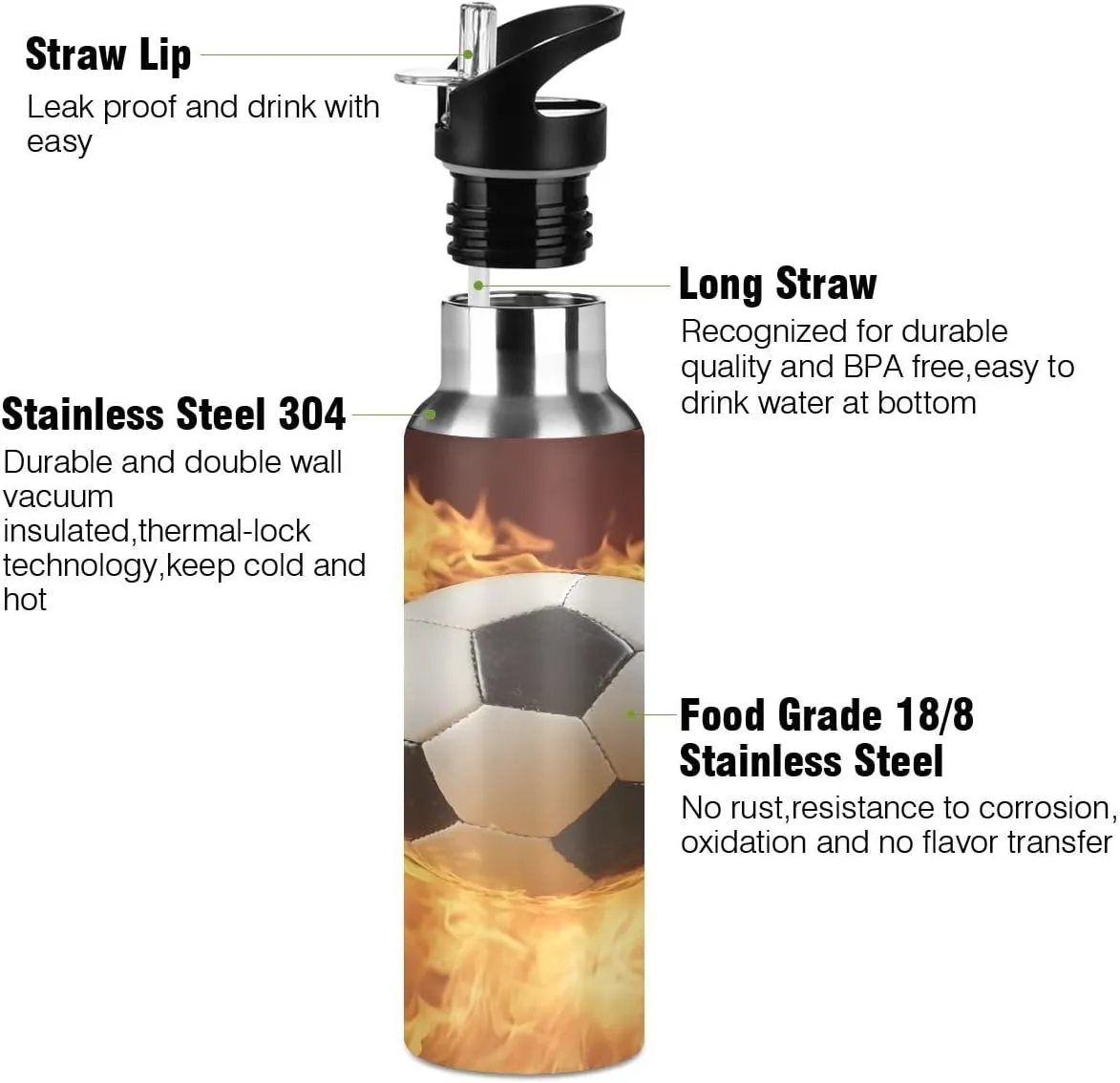 ALAZA Fire Soccer Stylish Football Water Bottle with Straw Lid Insulated Stainless Steel Travel Water Flask Leakproof Bottle Women Man