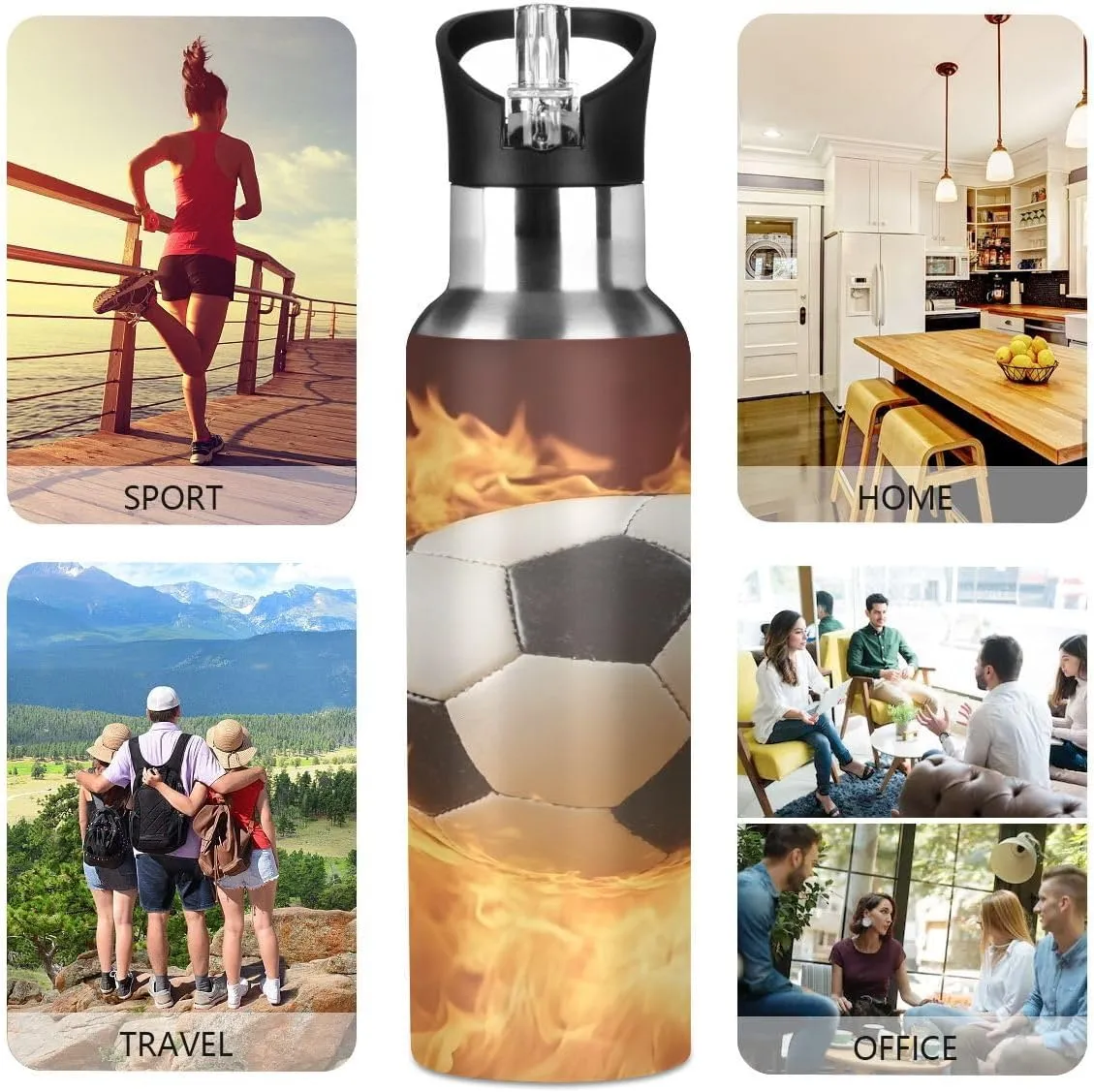 ALAZA Fire Soccer Stylish Football Water Bottle with Straw Lid Insulated Stainless Steel Travel Water Flask Leakproof Bottle Women Man