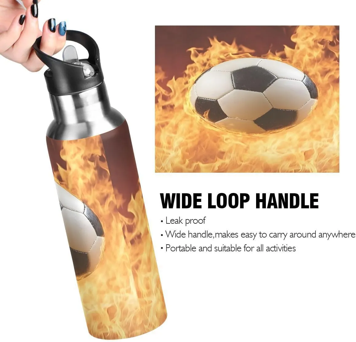 ALAZA Fire Soccer Stylish Football Water Bottle with Straw Lid Insulated Stainless Steel Travel Water Flask Leakproof Bottle Women Man