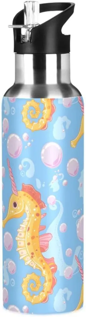 ALAZA Seahorse Cartoon Blue Water Bottle with Straw Lid Insulated Stainless Steel Travel Water Flask Leakproof Bottle for Women Men