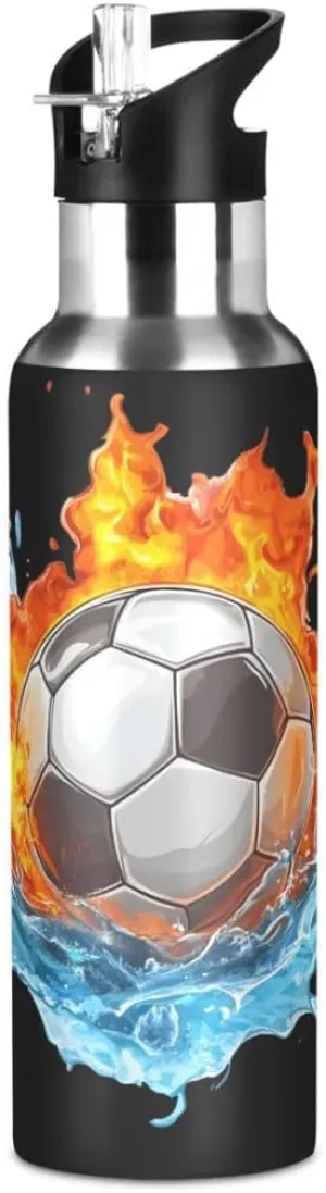 ALAZA Soccer Football Water and Fire Black Water Bottle with Straw Lid Insulated Stainless Steel Travel Water Flask Leakproof Bottle Women Man