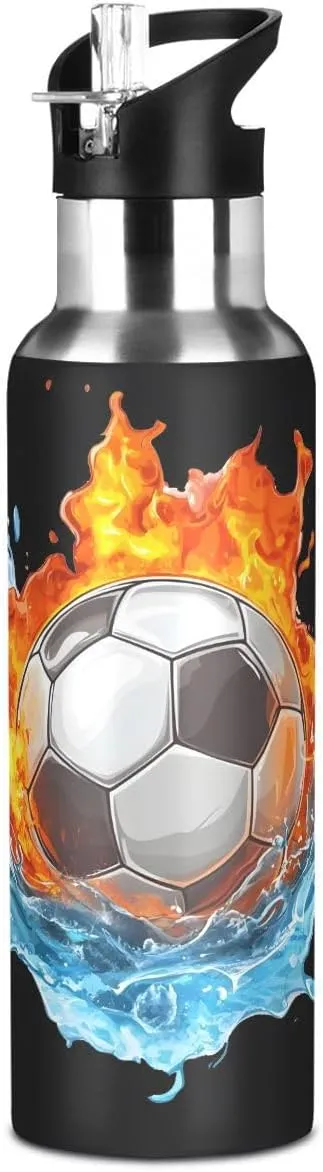 ALAZA Soccer Football Water and Fire Black Water Bottle with Straw Lid Insulated Stainless Steel Travel Water Flask Leakproof Bottle Women Man
