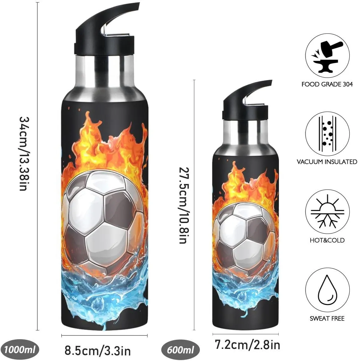 ALAZA Soccer Football Water and Fire Black Water Bottle with Straw Lid Insulated Stainless Steel Travel Water Flask Leakproof Bottle Women Man