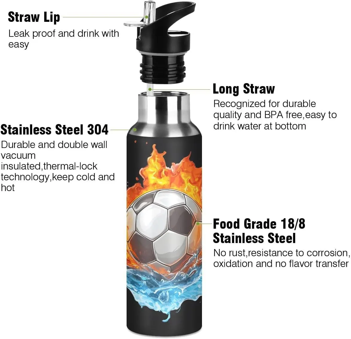 ALAZA Soccer Football Water and Fire Black Water Bottle with Straw Lid Insulated Stainless Steel Travel Water Flask Leakproof Bottle Women Man