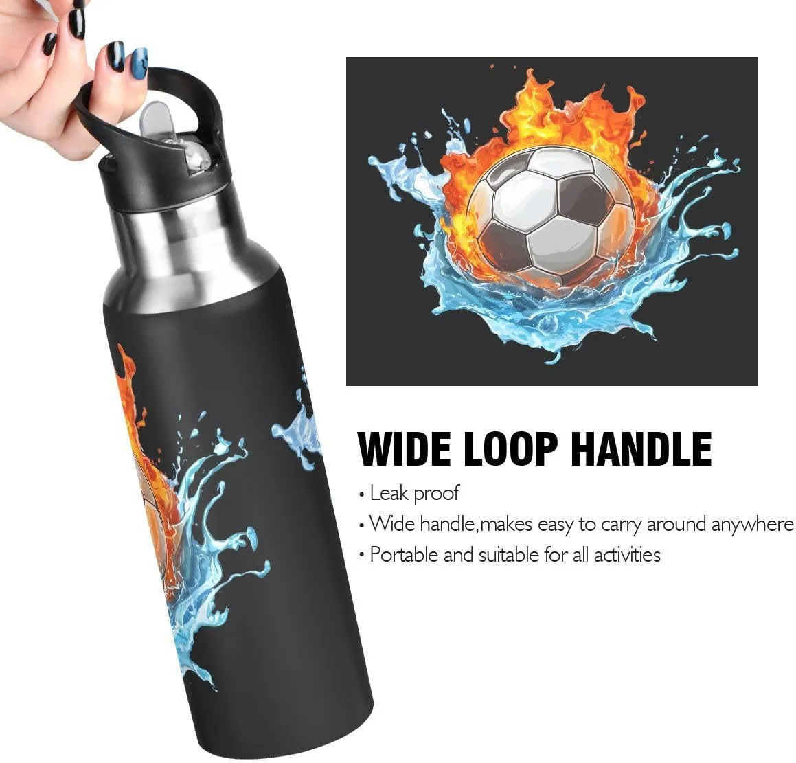 ALAZA Soccer Football Water and Fire Black Water Bottle with Straw Lid Insulated Stainless Steel Travel Water Flask Leakproof Bottle Women Man
