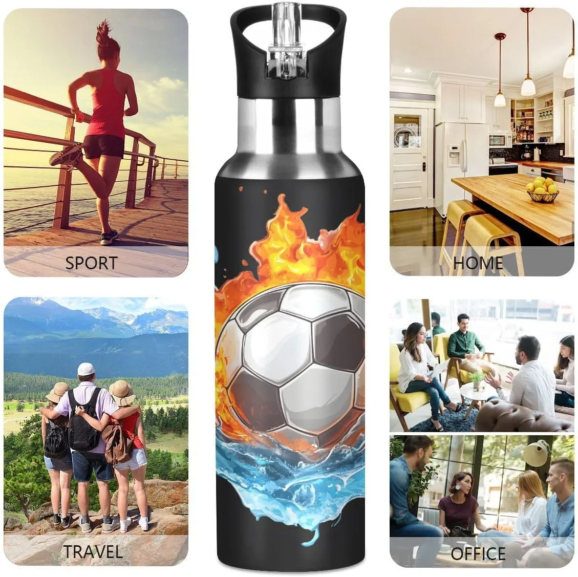 ALAZA Soccer Football Water and Fire Black Water Bottle with Straw Lid Insulated Stainless Steel Travel Water Flask Leakproof Bottle Women Man