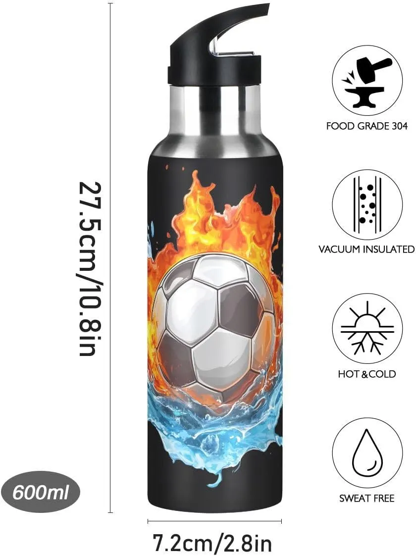 ALAZA Soccer Football Water and Fire Black Water Bottle with Straw Lid Insulated Stainless Steel Travel Water Flask Leakproof Bottle Women Man