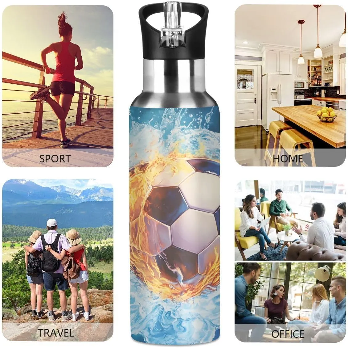 ALAZA Water and Fire Football Soccer Blue Water Bottle with Straw Lid Insulated Stainless Steel Travel Water Flask Leakproof Bottle Women Man