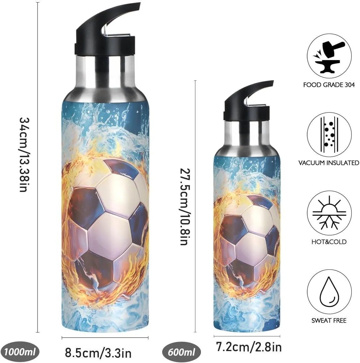 ALAZA Water and Fire Football Soccer Blue Water Bottle with Straw Lid Insulated Stainless Steel Travel Water Flask Leakproof Bottle Women Man