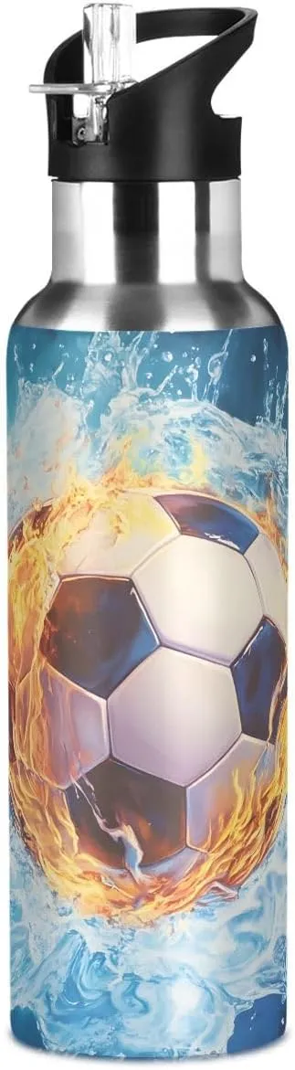 ALAZA Water and Fire Football Soccer Blue Water Bottle with Straw Lid Insulated Stainless Steel Travel Water Flask Leakproof Bottle Women Man