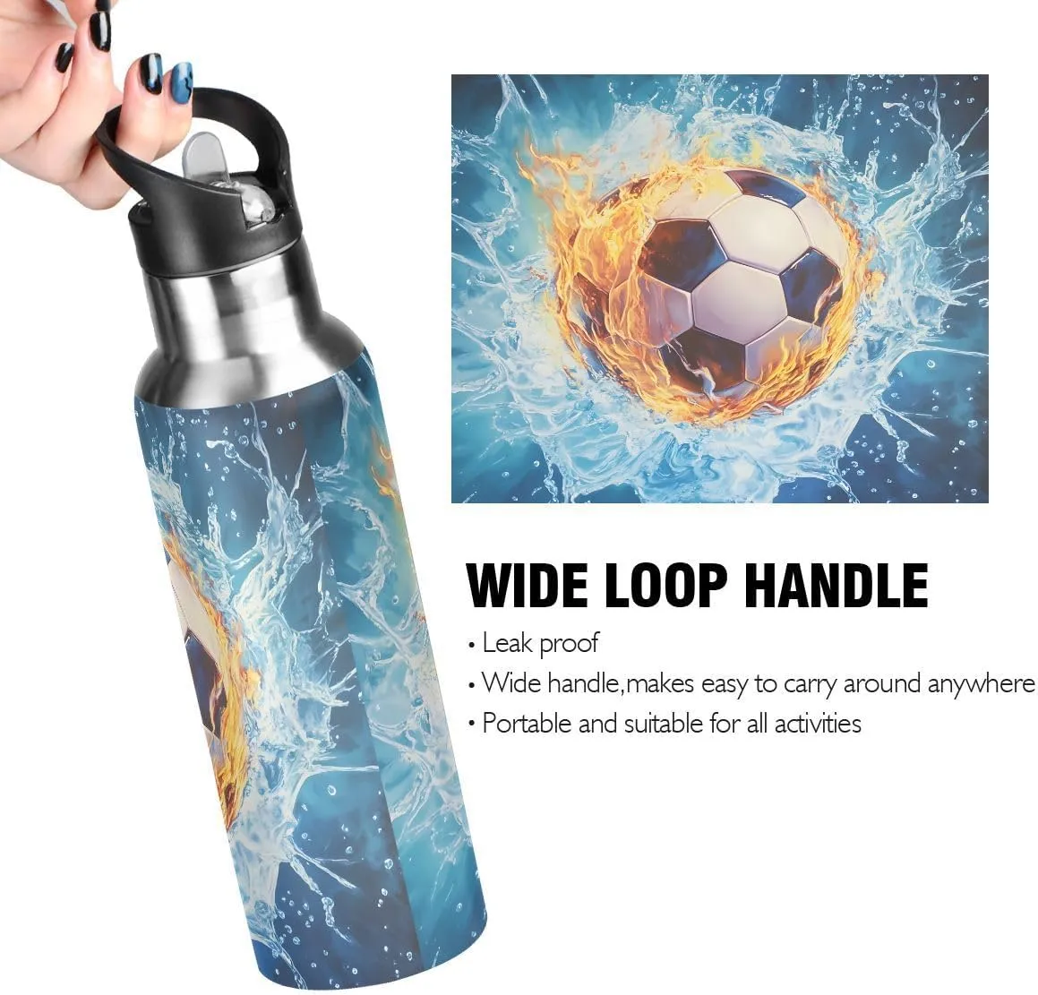 ALAZA Water and Fire Football Soccer Blue Water Bottle with Straw Lid Insulated Stainless Steel Travel Water Flask Leakproof Bottle Women Man