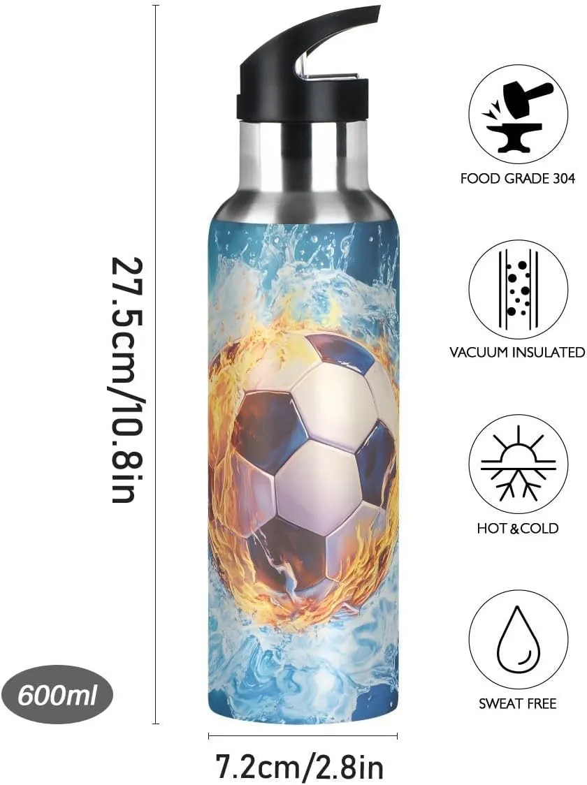 ALAZA Water and Fire Football Soccer Blue Water Bottle with Straw Lid Insulated Stainless Steel Travel Water Flask Leakproof Bottle Women Man