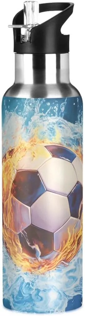 ALAZA Water and Fire Football Soccer Blue Water Bottle with Straw Lid Insulated Stainless Steel Travel Water Flask Leakproof Bottle Women Man