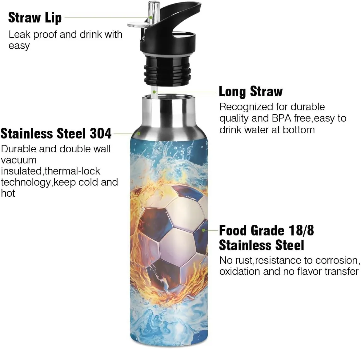 ALAZA Water and Fire Football Soccer Blue Water Bottle with Straw Lid Insulated Stainless Steel Travel Water Flask Leakproof Bottle Women Man