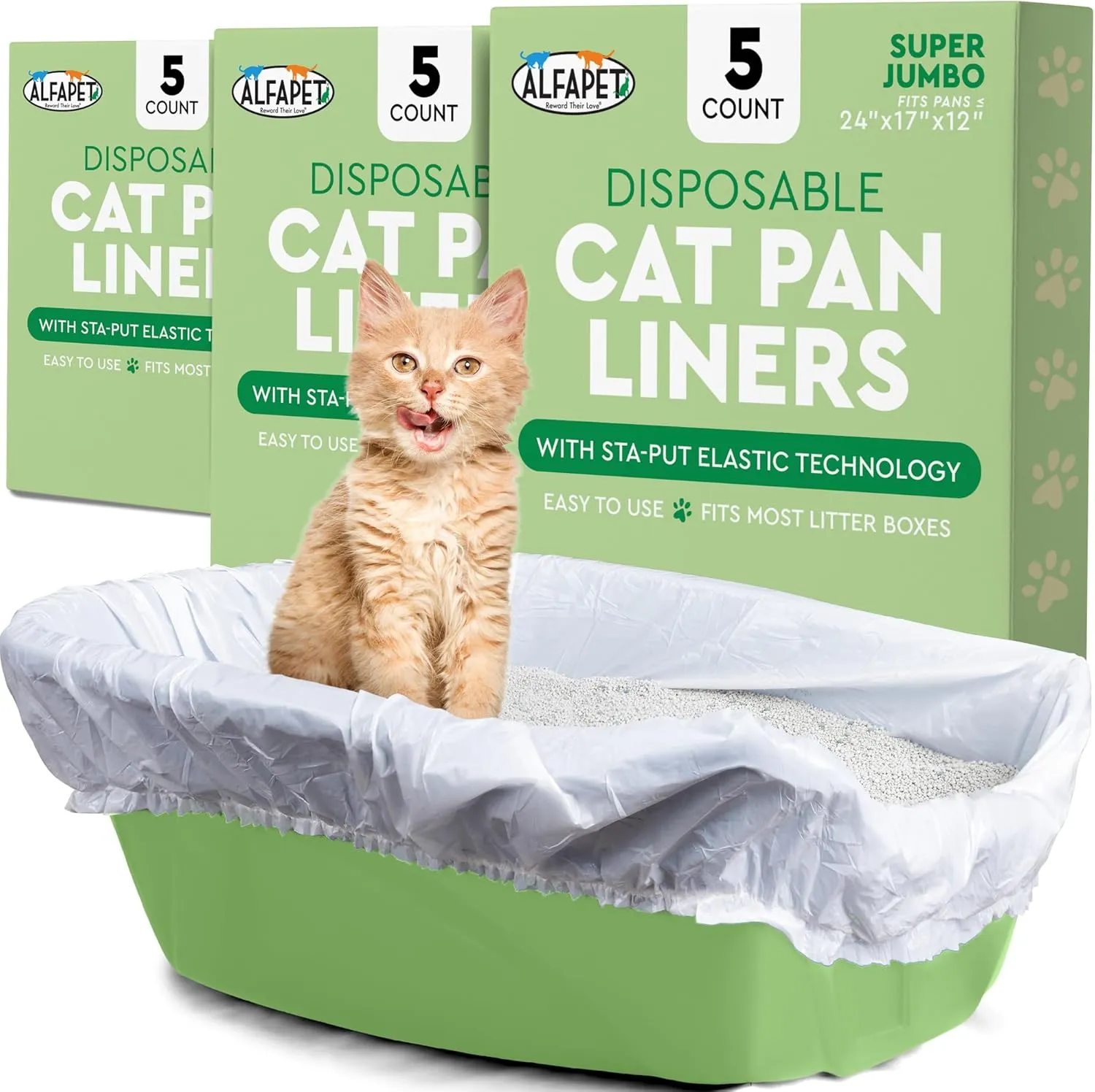 Alfapet Elastic Cat Litter Box Liners - Super Jumbo 15Count - Tear-Resistant Cat Litter Bags, Waterproof Kitty Litter Liners - Fits Litterbox Pan Sizes X-Giant, Jumbo, 42" x 20" x 2 MIL 30 lb Capacity