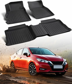 All Weather Rubber Floor Mats for Nissan Versa 2020 2021 2022 2023 2024 2025 S/SR/SV (Automatic Transmission Only), Custom Fit for Front Rear Row Liners, Heavy Duty Durable TPE Black Car Accessories