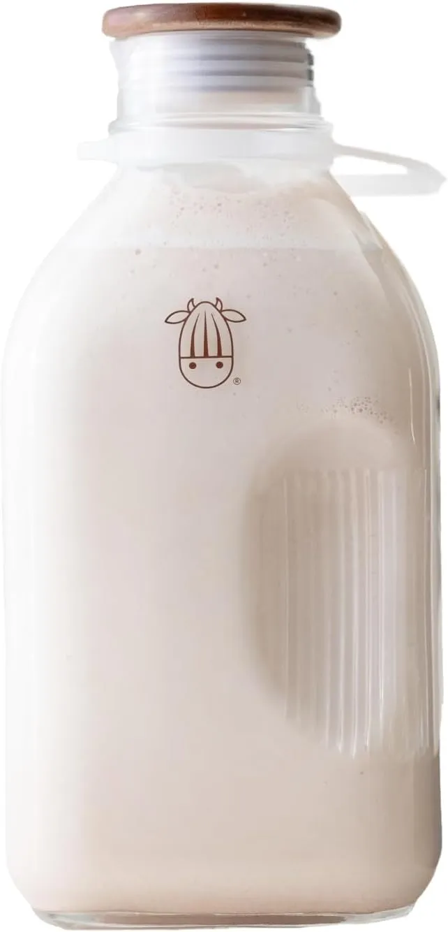 Almond Cow - Glass Pitcher with Lid and Spout, Bottle for Refrigerator, Clear Milk Jug, Food-Grade Glass Liquid Container, 60 fl oz Capacity, 5 x 4 x 10 Inches