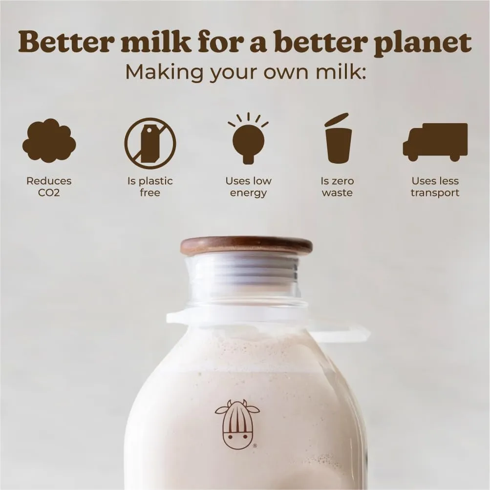 Almond Cow - Glass Pitcher with Lid and Spout, Bottle for Refrigerator, Clear Milk Jug, Food-Grade Glass Liquid Container, 60 fl oz Capacity, 5 x 4 x 10 Inches