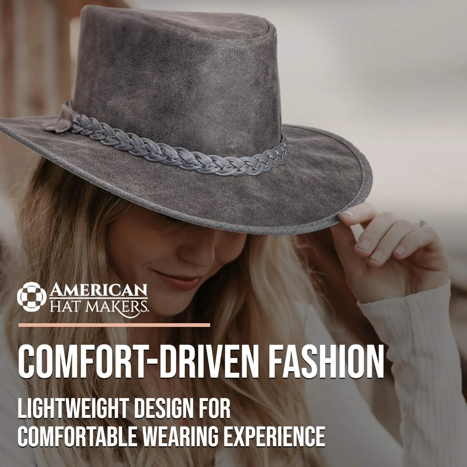 American Hat Makers Crusher Leather Australian Cowboy Outback Hat, UPF50 Wide Brim, Waterproof Oilskin, Crushable, Packable
