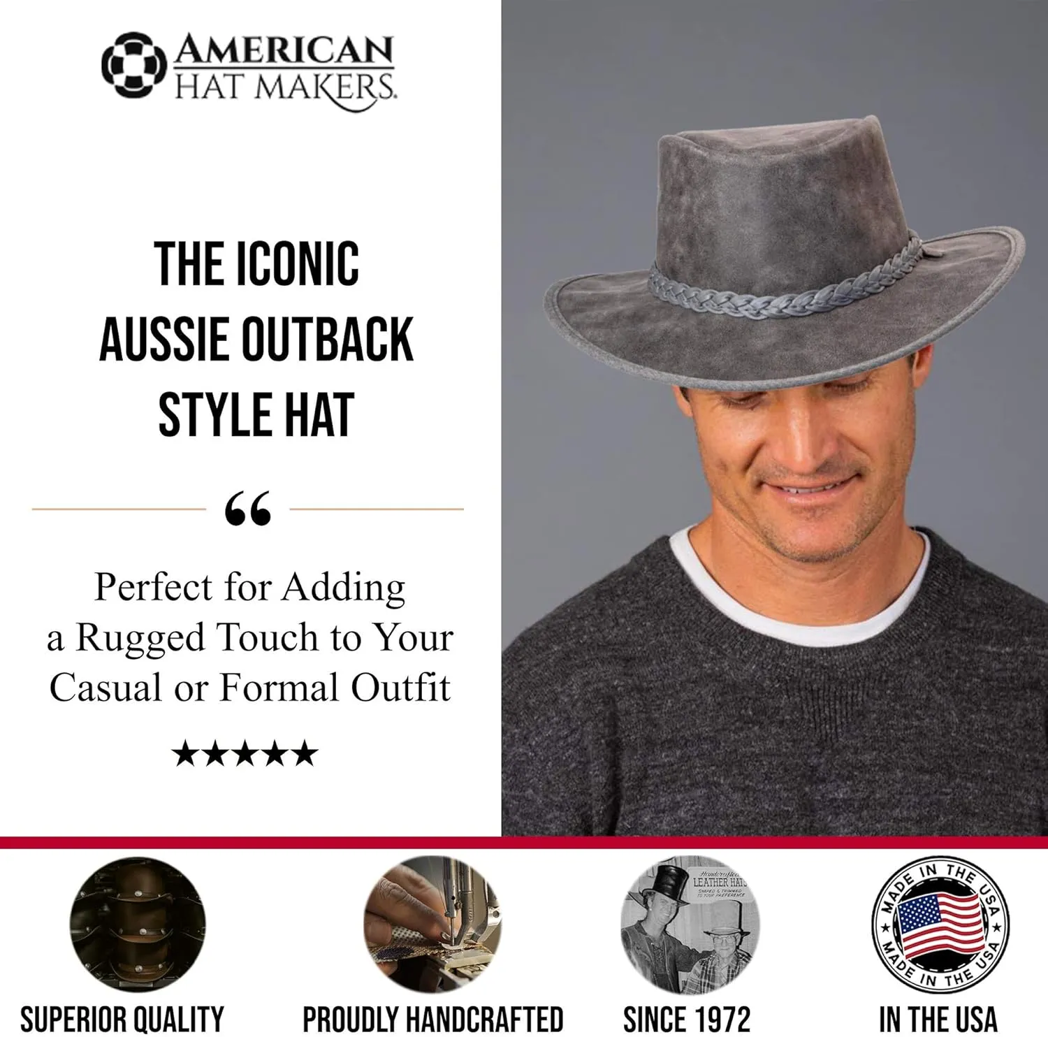 American Hat Makers Crusher Leather Australian Cowboy Outback Hat, UPF50 Wide Brim, Waterproof Oilskin, Crushable, Packable