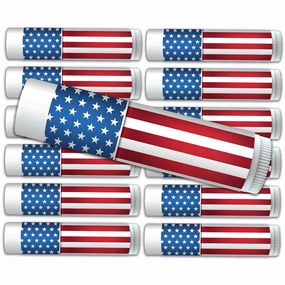 American Flag Accessories Stars and Stripes Premium Lip Balm 12-Pack. Made with SPF 15, Beeswax, Aloe Vera, Coconut Oil, Vitamin E. Party Supplies, Party Favors.