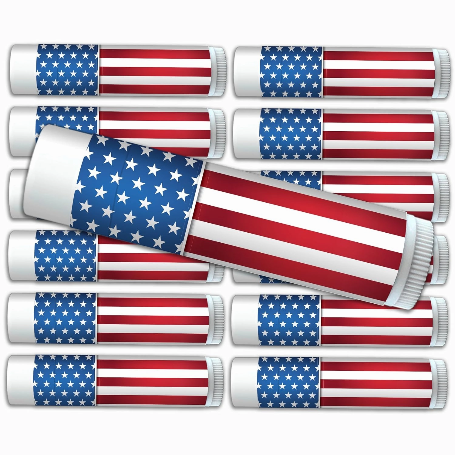 American Flag Accessories Stars and Stripes Premium Lip Balm 12-Pack. Made with SPF 15, Beeswax, Aloe Vera, Coconut Oil, Vitamin E. Party Supplies, Party Favors.
