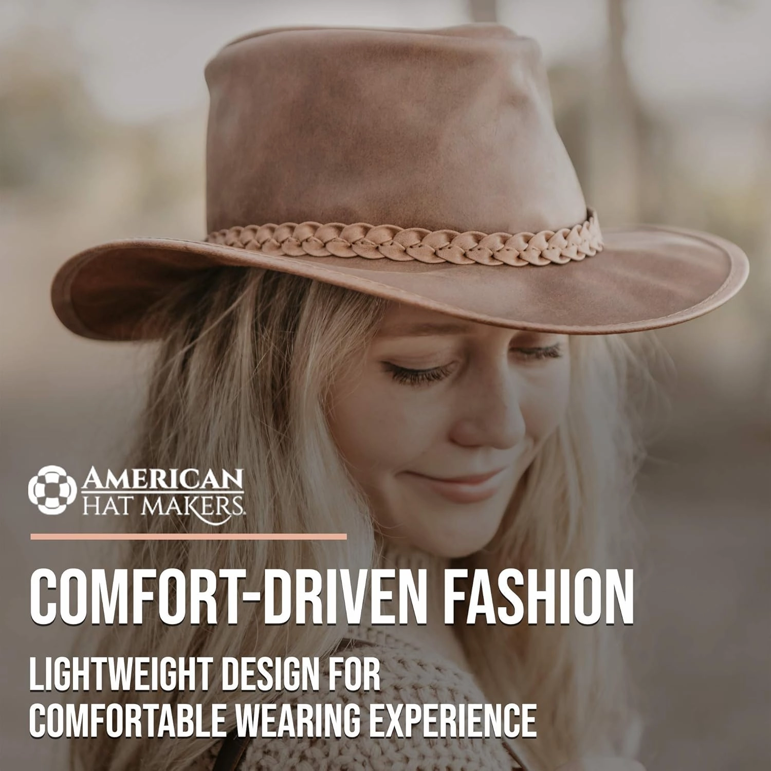 American Hat Makers Crusher Leather Australian Cowboy Outback Hat, UPF50 Wide Brim, Waterproof Oilskin, Crushable, Packable