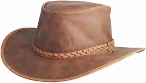 American Hat Makers Crusher Leather Australian Cowboy Outback Hat, UPF50 Wide Brim, Waterproof Oilskin, Crushable, Packable