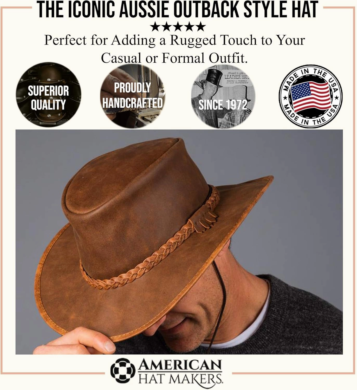 American Hat Makers Crusher Leather Australian Cowboy Outback Hat, UPF50 Wide Brim, Waterproof Oilskin, Crushable, Packable
