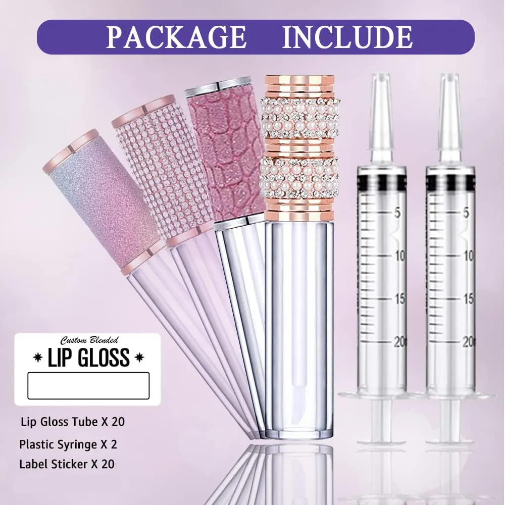 AMORIX 20 Pack Diamond Lip Gloss Tubes with Wand 5ml Empty Rhinestone Cute Lipgloss Bottles/Containers Crystal Lip Gloss Supplies Kit   2pcs Syringes   Labels for DIY Lip Gloss Base