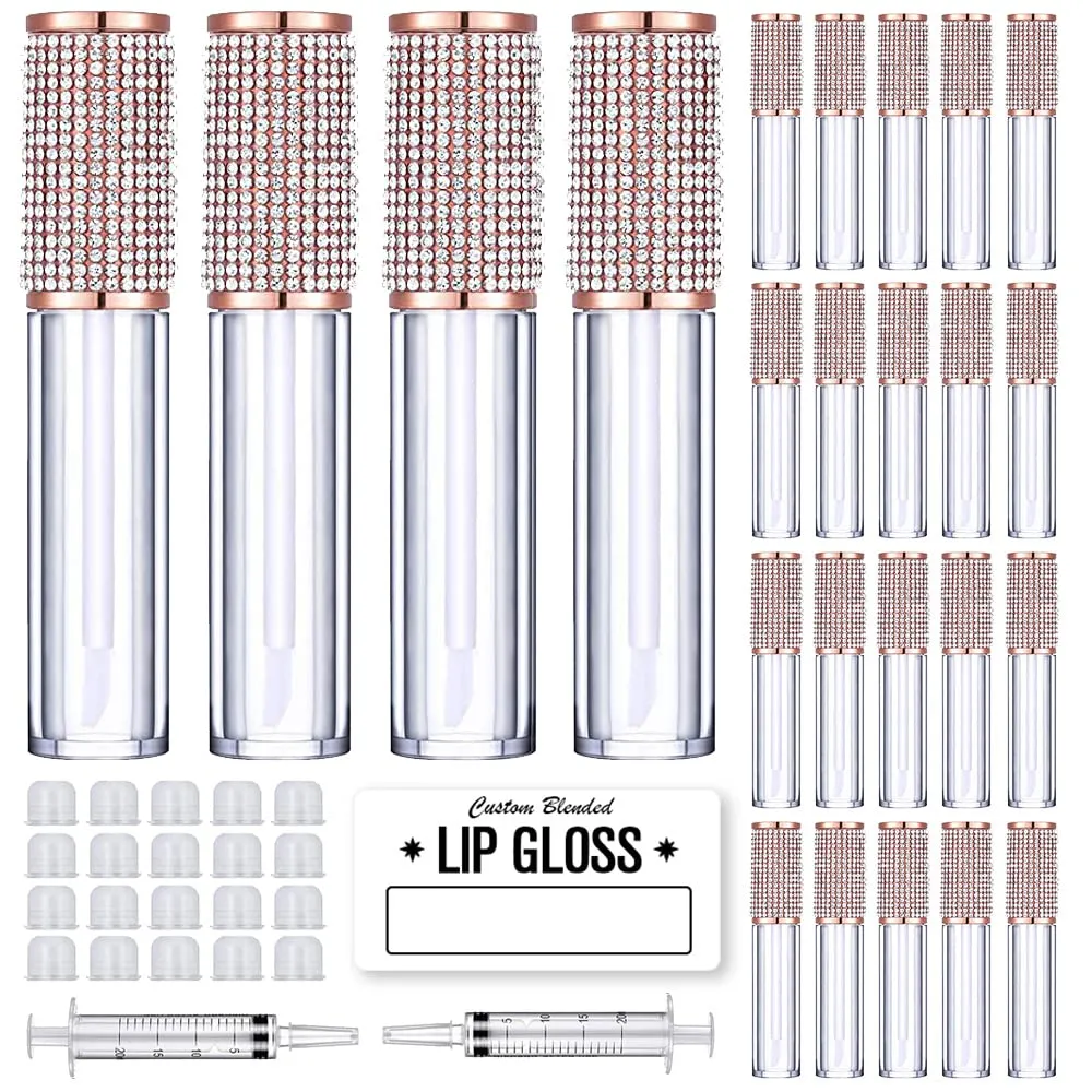AMORIX 24 Pack Crystal Rhinestone Lip Gloss Tubes with Wand 5ml Empty Lip Gloss Containers Lipgloss Bottles with Stoppers 2pcs Syringes   Labels for DIY Lip Gloss Balm