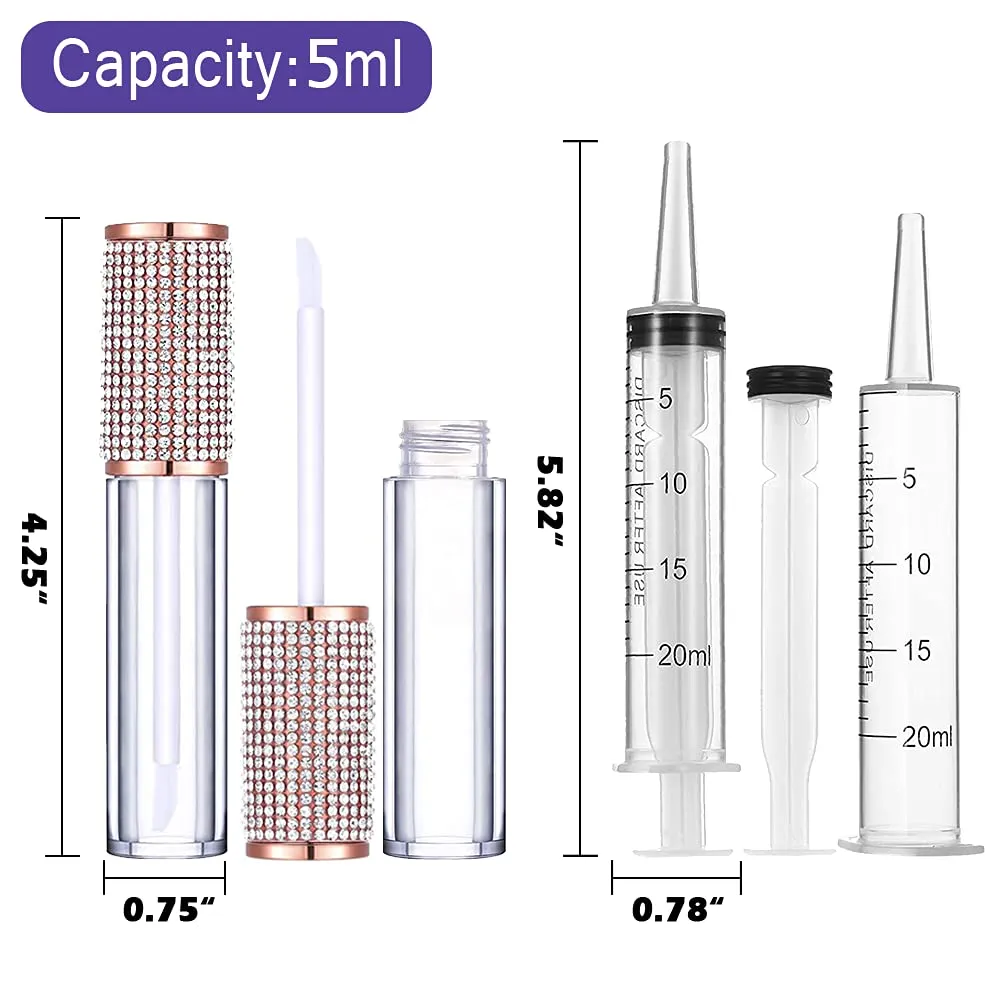 AMORIX 24 Pack Crystal Rhinestone Lip Gloss Tubes with Wand 5ml Empty Lip Gloss Containers Lipgloss Bottles with Stoppers 2pcs Syringes   Labels for DIY Lip Gloss Balm