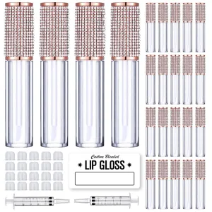 AMORIX 24 Pack Crystal Rhinestone Lip Gloss Tubes with Wand 5ml Empty Lip Gloss Containers Lipgloss Bottles with Stoppers 2pcs Syringes   Labels for DIY Lip Gloss Balm