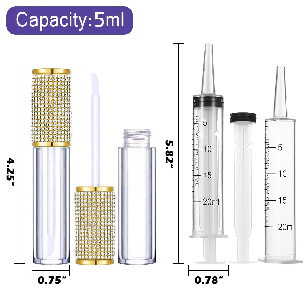 AMORIX 24 Pack Gold Crystal Lip Gloss Tubes with Wand 5ml Empty Lip Gloss Containers Lipgloss Bottles with Stoppers 2pcs Syringes   Labels for DIY Lip Gloss Balm