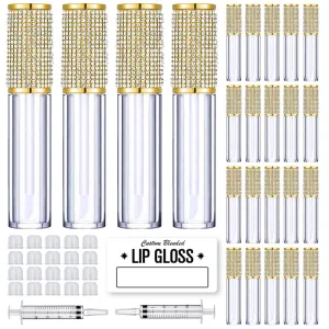 AMORIX 24 Pack Gold Crystal Lip Gloss Tubes with Wand 5ml Empty Lip Gloss Containers Lipgloss Bottles with Stoppers 2pcs Syringes   Labels for DIY Lip Gloss Balm