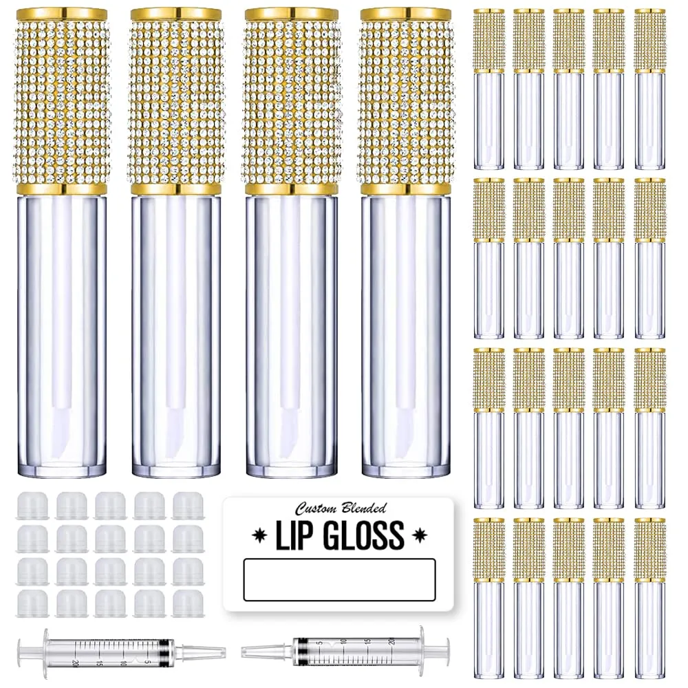 AMORIX 24 Pack Gold Crystal Lip Gloss Tubes with Wand 5ml Empty Lip Gloss Containers Lipgloss Bottles with Stoppers 2pcs Syringes   Labels for DIY Lip Gloss Balm