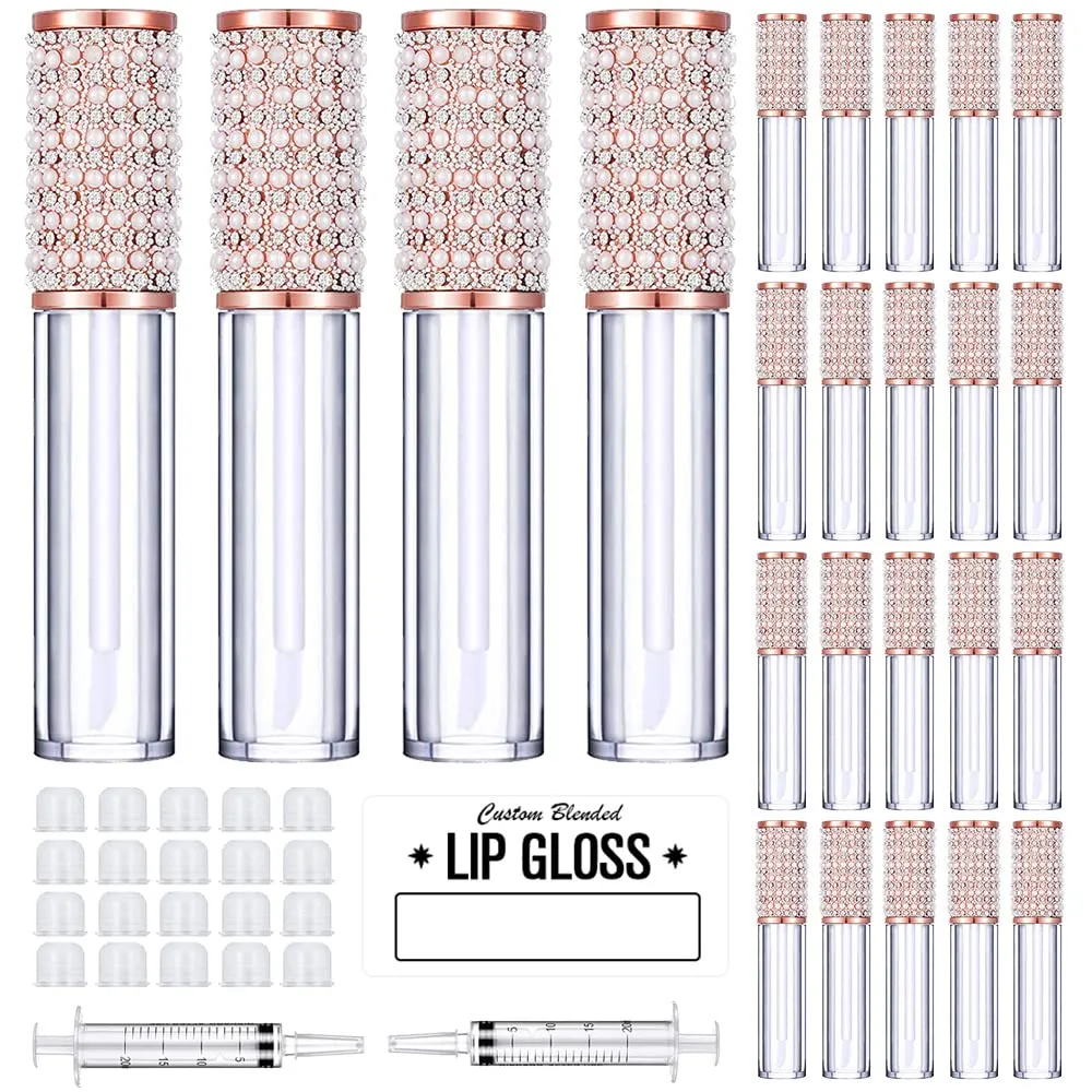 AMORIX 24 Pack Lip Gloss Tubes with Wand 5ml Empty Rhinestone Lip Gloss Containers Cute Lipgloss Bottles Lip Gloss Supplies Kit   2pcs Syringes   Labels for DIY Lip Gloss Base
