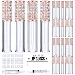 AMORIX 24 Pack Lip Gloss Tubes with Wand 5ml Empty Rhinestone Lip Gloss Containers Cute Lipgloss Bottles Lip Gloss Supplies Kit   2pcs Syringes   Labels for DIY Lip Gloss Base