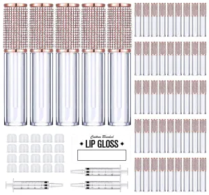 AMORIX 50 Pack Crystal Rhinestone Lip Gloss Tubes with Wand 5ml Empty Lip Gloss Containers Cute Lipgloss Bottles Lip Gloss Supplies Kit   3pcs Syringes   Labels for DIY Lip Gloss Base