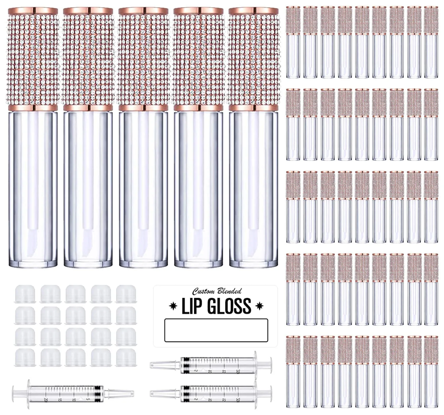 AMORIX 50 Pack Crystal Rhinestone Lip Gloss Tubes with Wand 5ml Empty Lip Gloss Containers Cute Lipgloss Bottles Lip Gloss Supplies Kit   3pcs Syringes   Labels for DIY Lip Gloss Base