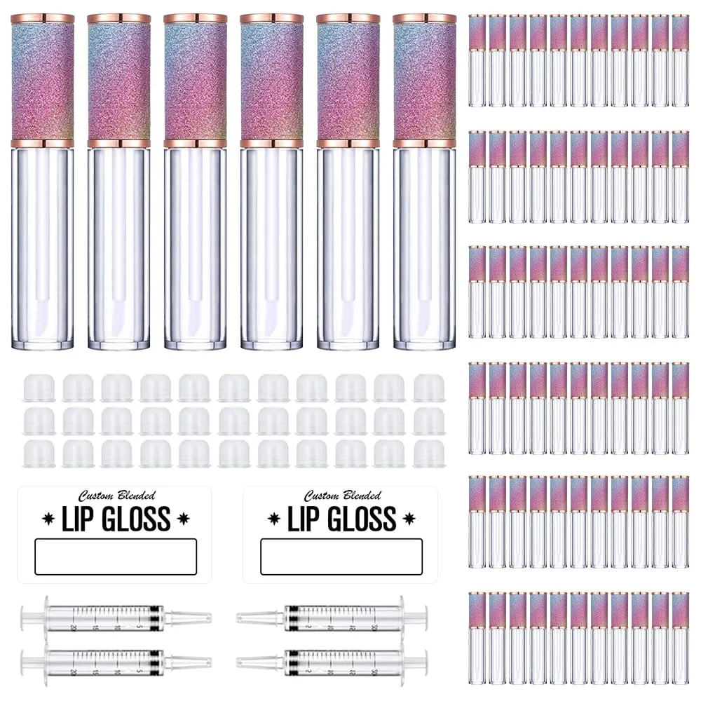 AMORIX 72 Pack 5ml Rainbow Lip Gloss Tubes with Wand 5ml Lip Gloss Containers Empty Lipgloss Bottles   4pcs Syringes for DIY Lip Gloss Balm