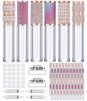AMORIX 72pcs 5ml Diamond Lip Gloss Tubes with Wand Lipgloss Tubes Bulk Empty Rhinestone Lip Gloss Containers Bottles Crystal Lip Gloss Supplies Kit, 4 x Syringes   Labels for DIY Lip Gloss Base