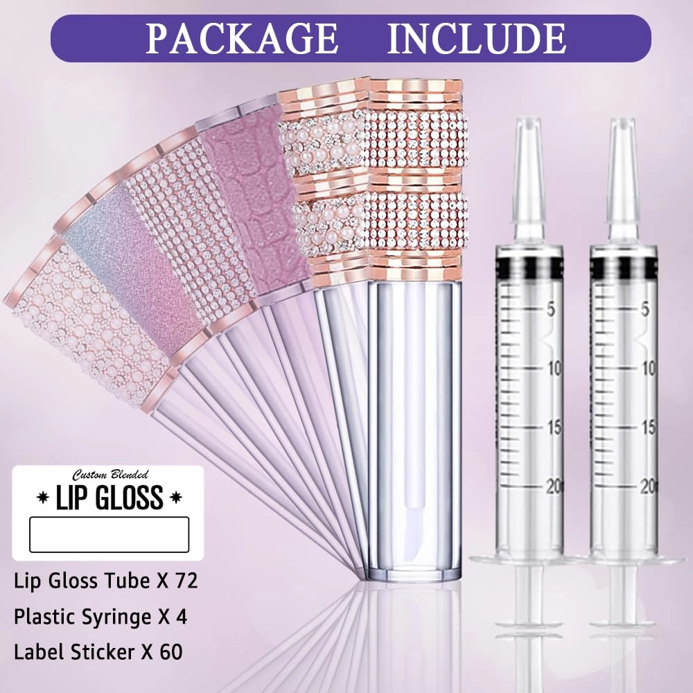 AMORIX 72pcs 5ml Diamond Lip Gloss Tubes with Wand Lipgloss Tubes Bulk Empty Rhinestone Lip Gloss Containers Bottles Crystal Lip Gloss Supplies Kit, 4 x Syringes   Labels for DIY Lip Gloss Base