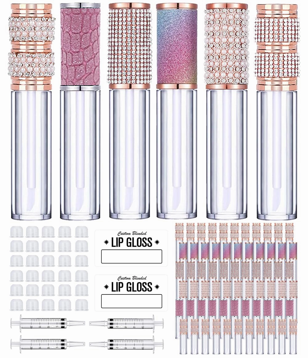 AMORIX 72pcs 5ml Diamond Lip Gloss Tubes with Wand Lipgloss Tubes Bulk Empty Rhinestone Lip Gloss Containers Bottles Crystal Lip Gloss Supplies Kit, 4 x Syringes   Labels for DIY Lip Gloss Base